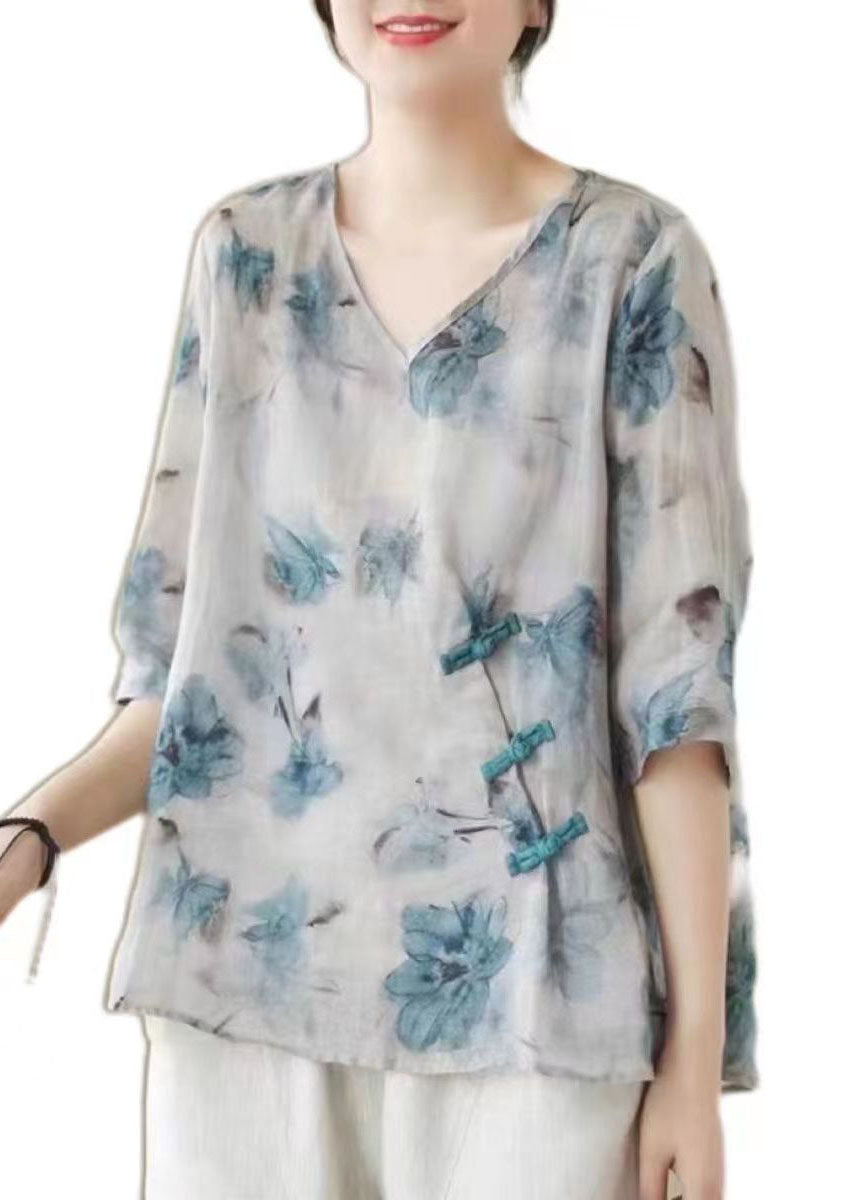 White V Neck Print Chinese Button Patchwork Linen Blouse Top Summer