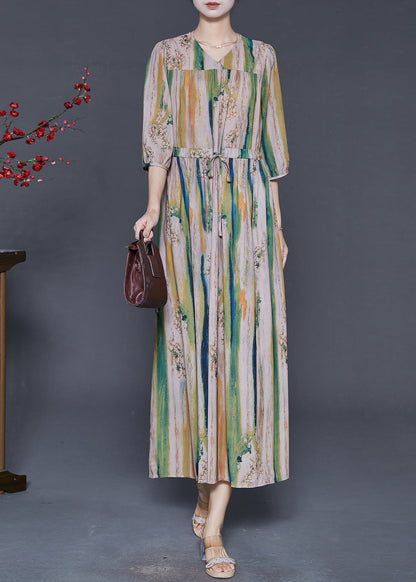 Khaki Cinched Print Silk Dress Summer