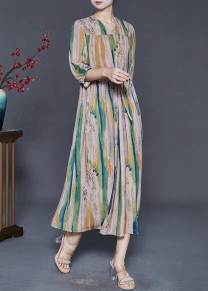 Khaki Cinched Print Silk Dress Summer