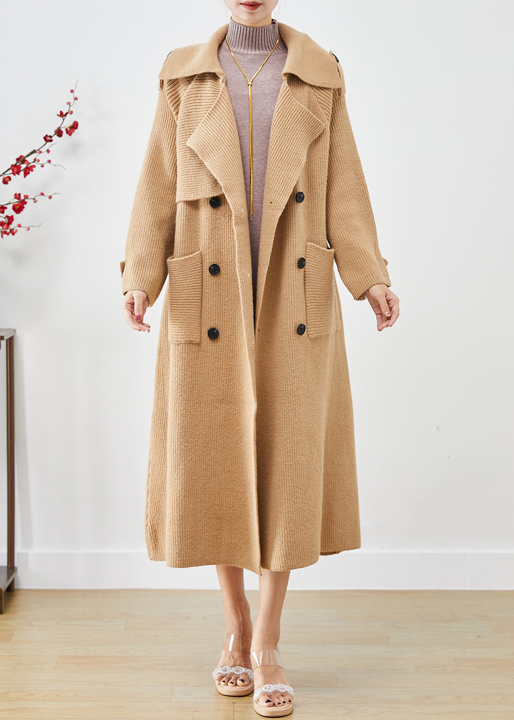 Khaki Double Breast Pockets Knit Trench Coats Fall