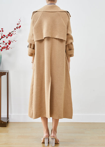 Khaki Double Breast Pockets Knit Trench Coats Fall