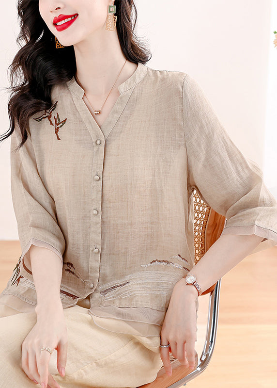 Khaki Embroidered Patchwork Linen Two Piece Set Outfits Summer
