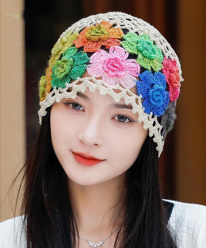 Khaki Embroidered Hollow Out Knit Bonnie Hat