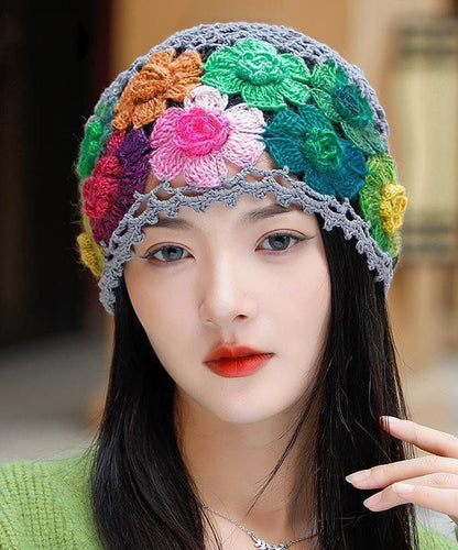 Khaki Embroidered Hollow Out Knit Bonnie Hat