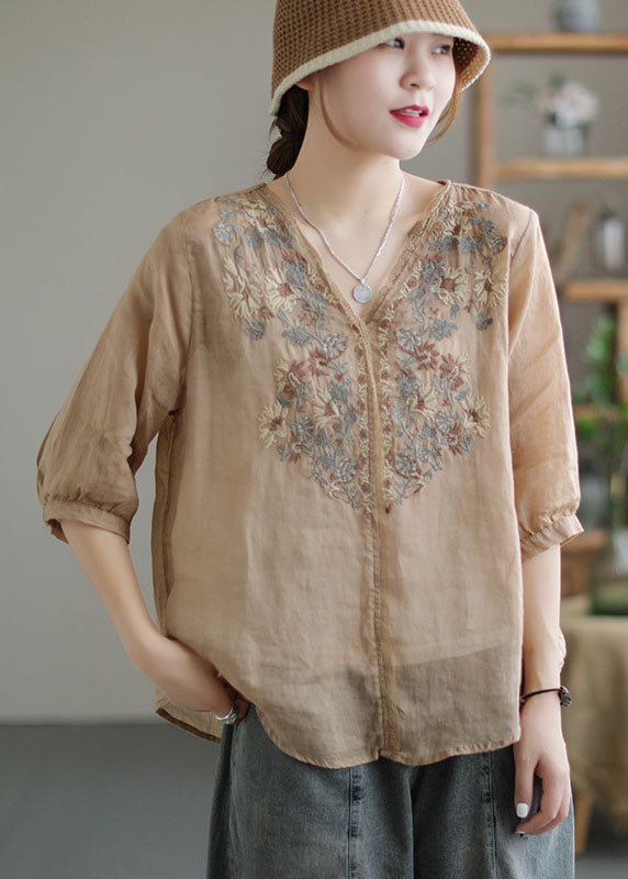 Khaki Embroideried Lace Patchwork Linen Shirt Top Half Sleeve