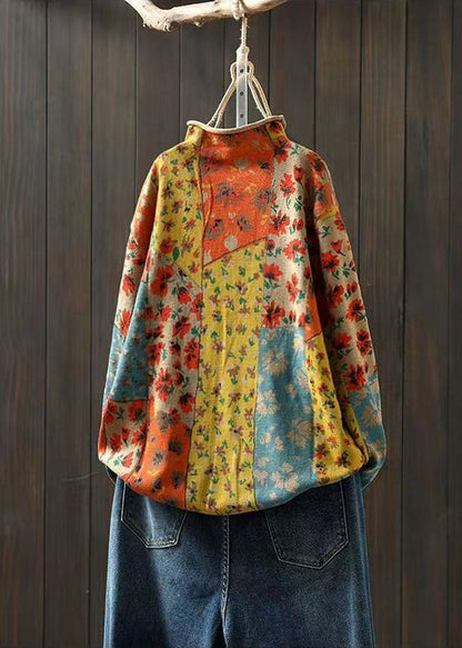 Khaki Half Hign Neck Print Cotton Knit Sweaters Fall