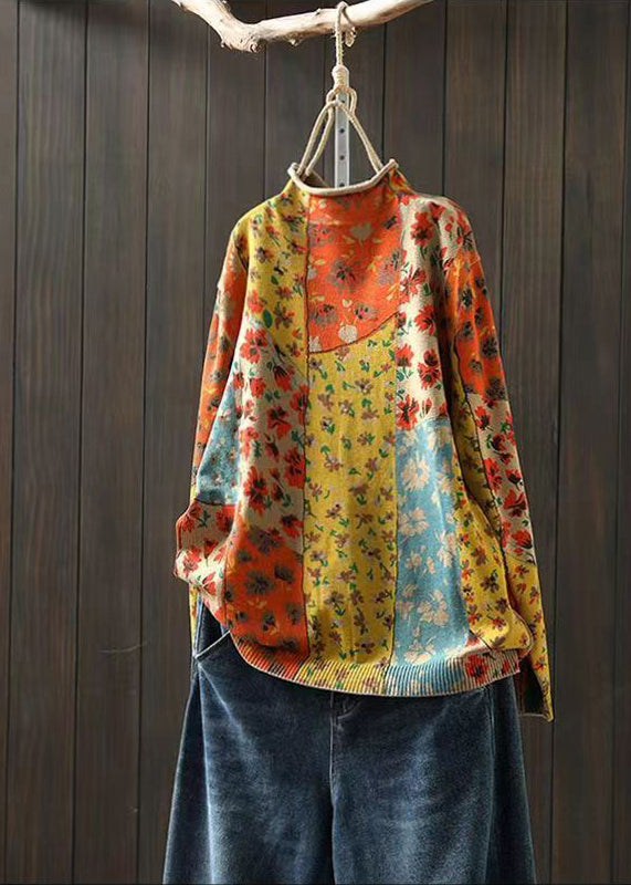 Khaki Half Hign Neck Print Cotton Knit Sweaters Fall