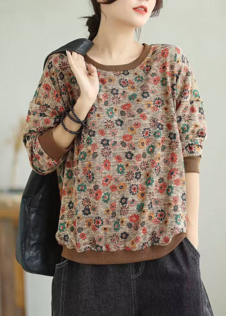 Khaki O-neck Print Cotton Knit Sweaters Fall