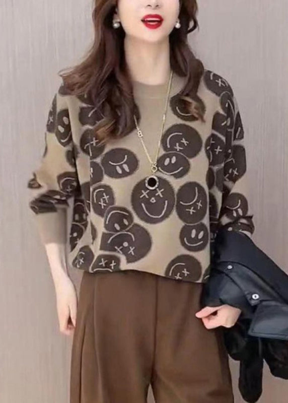 Khaki O-neck Print Knit Sweaters Fall