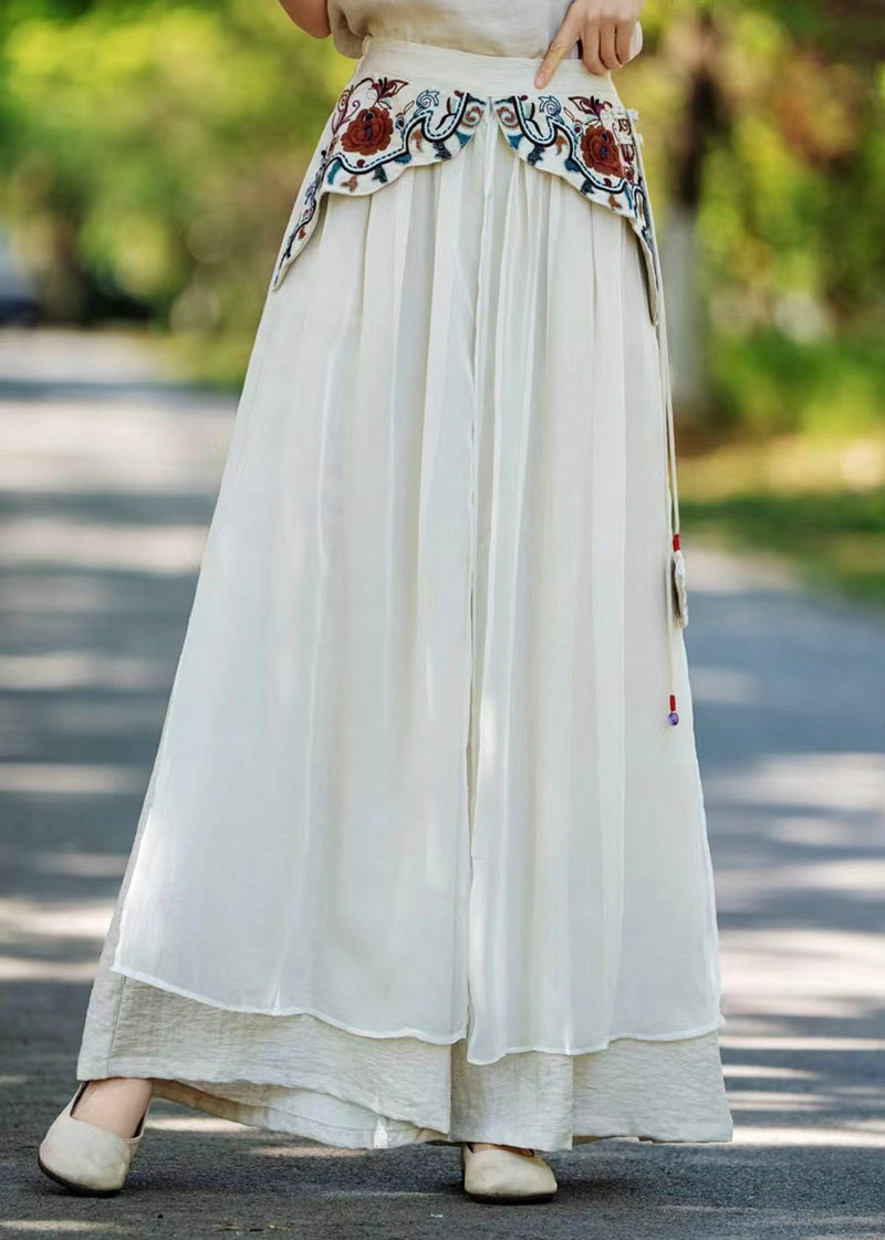 Khaki Pockets Embroidered Patchwork Silk Pants Fall