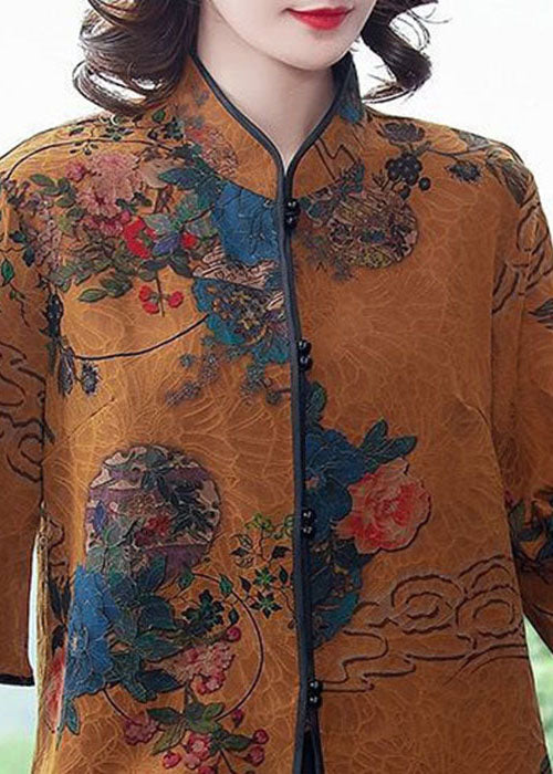 Khaki Stand Collar Print Silk Blouse Top Half Sleeve