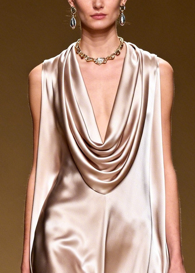 Khaki Turtle Neck Silk Long Dresses Sleeveless