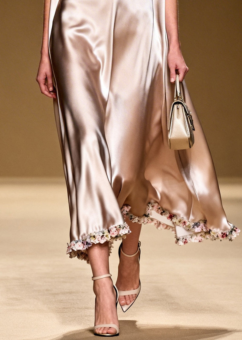 Khaki Turtle Neck Silk Long Dresses Sleeveless