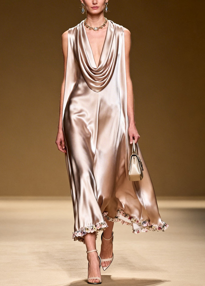 Khaki Turtle Neck Silk Long Dresses Sleeveless
