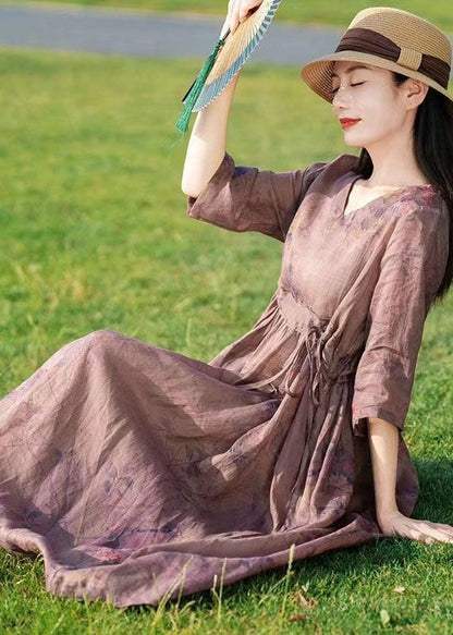 Khaki V Neck Print Tie Waist Patchwork Linen Dresses Summer