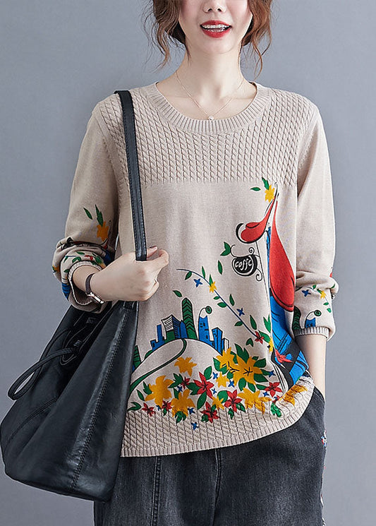 Khaki Side Open Print Knit Sweaters Winter