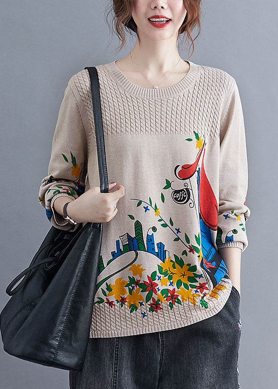Khaki Side Open Print Knit Sweaters Winter
