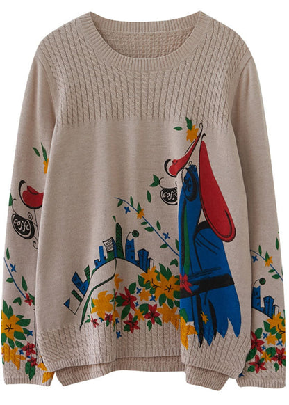 Khaki Side Open Print Knit Sweaters Winter