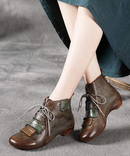 Lace Up Splicing Wedge Boots Camel Cowhide Leather