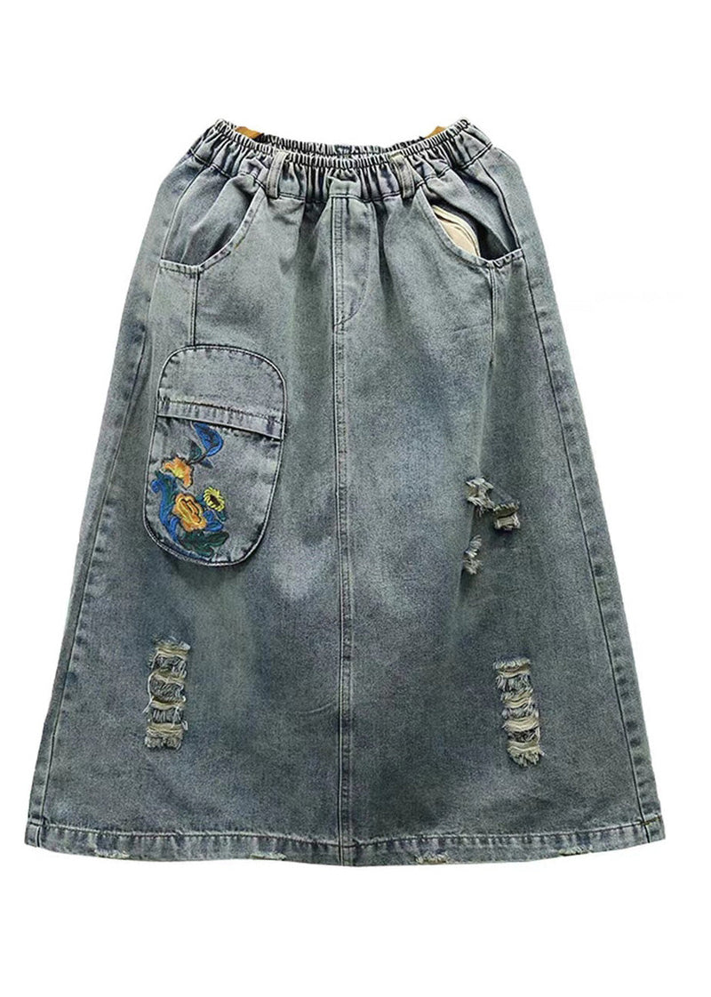 Light Blue Embroidered Patchwork Cotton Long Skirt Summer