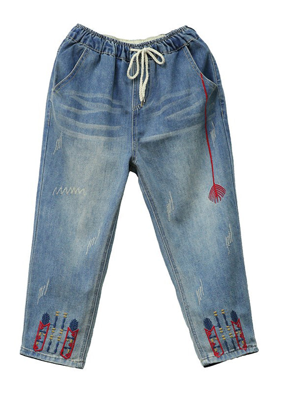 Light Blue Embroideried Tie Waist Crop Jeans Summer