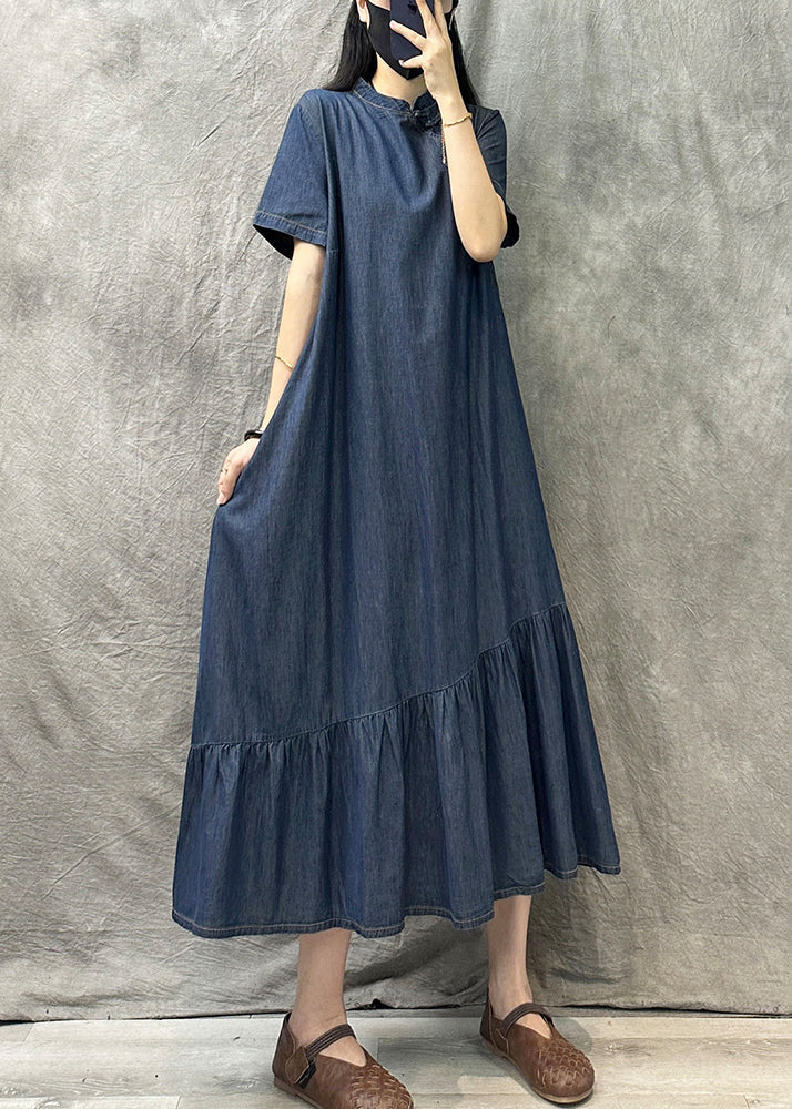 Light Blue Stand Collar Patchwork Denim Dress Summer