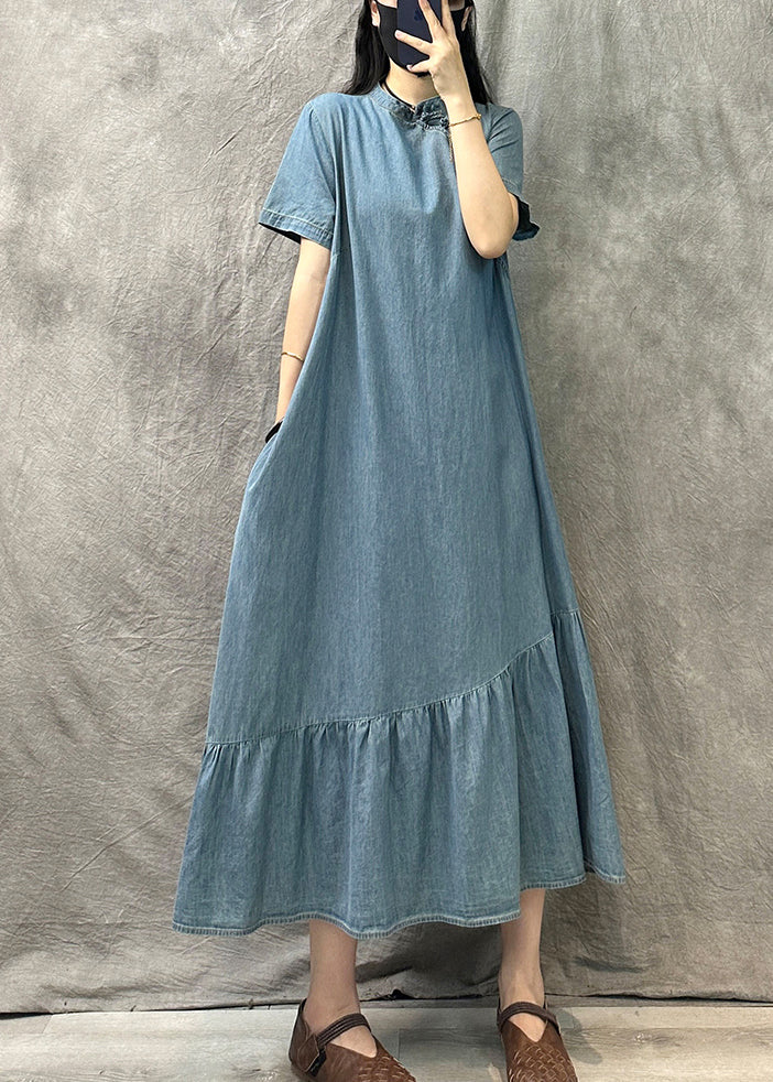 Light Blue Stand Collar Patchwork Denim Dress Summer