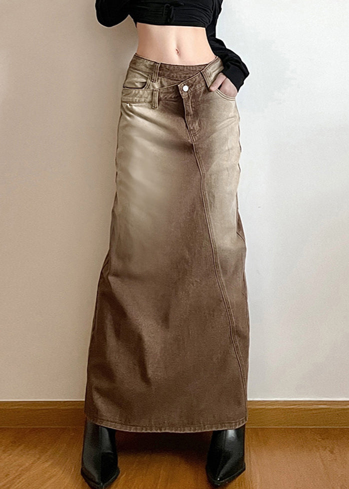 Light Brown Asymmetrical Side Open Denim Skirt Fall