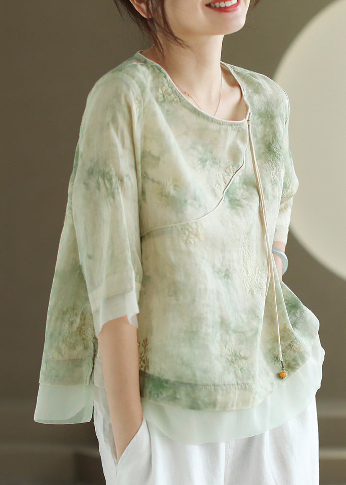 Light Green O Neck Tasseled Embroidered Linen Shirts Summer