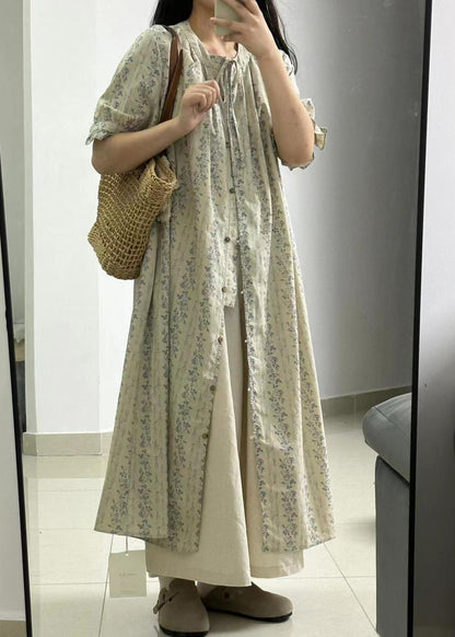 Light Green Print Button Long Shirts Dress and Skirts Two Piece Set Short Sleeve