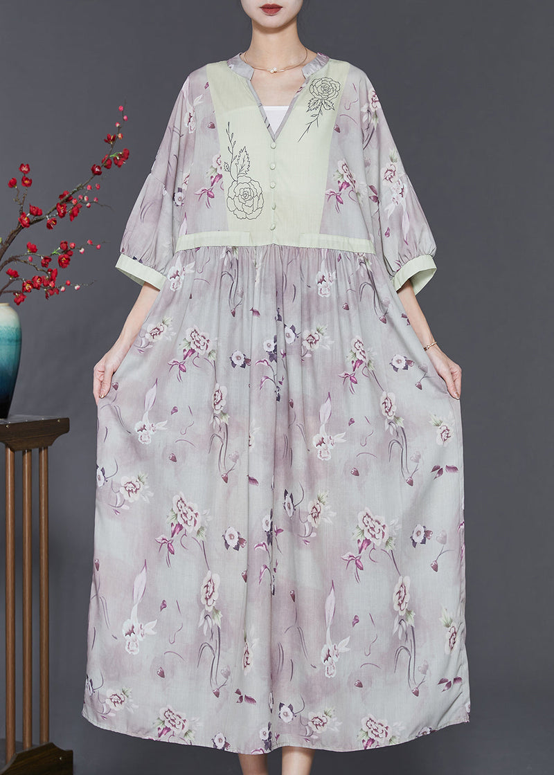 Light Purple V Neck Print Linen Dress Summer