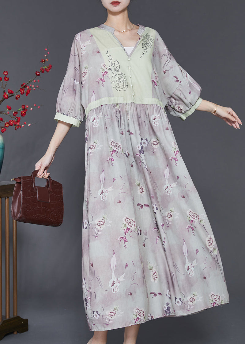 Light Purple V Neck Print Linen Dress Summer