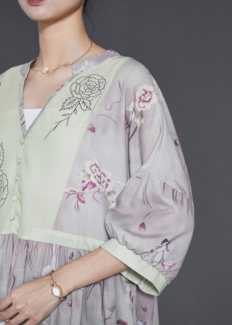 Light Purple V Neck Print Linen Dress Summer