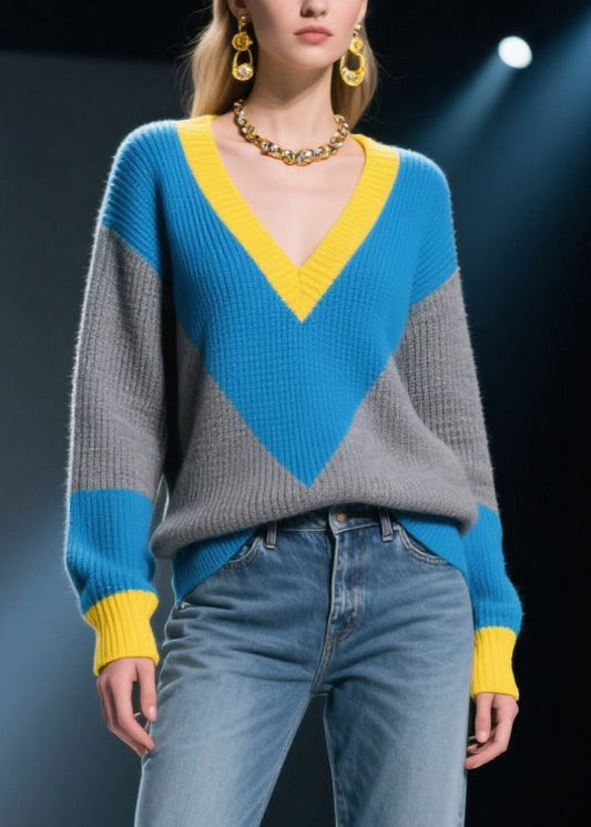 Mixed Color V Neck Patchwork Knit Pullover Winter