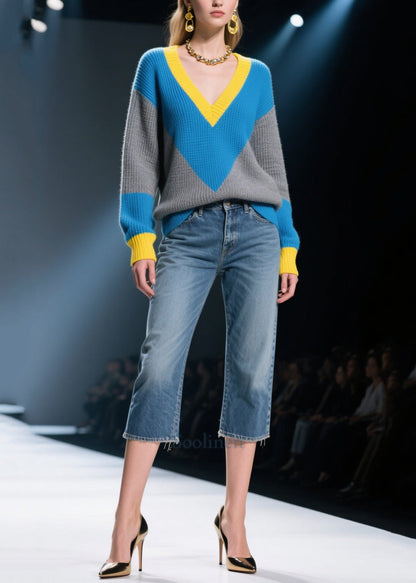 Mixed Color V Neck Patchwork Knit Pullover Winter