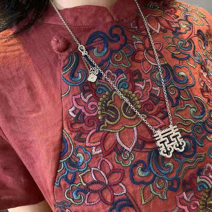 Mulberry Stand Collar Embroideried Linen Long Dress Short Sleeve