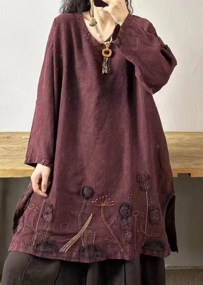 Yellow Flower V Neck Embroidered Patchwork Linen Mid Dresses Fall