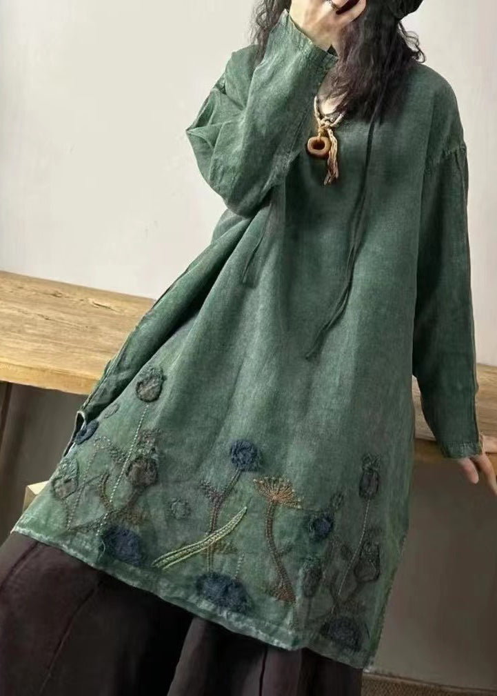 Mulberry V Neck Embroidered Patchwork Linen Mid Dresses Fall