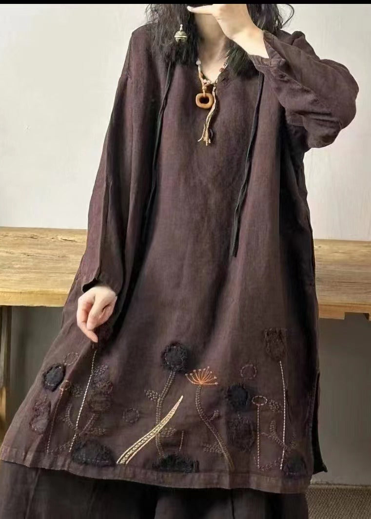 Black Text V Neck Embroidered Patchwork Linen Mid Dresses Fall