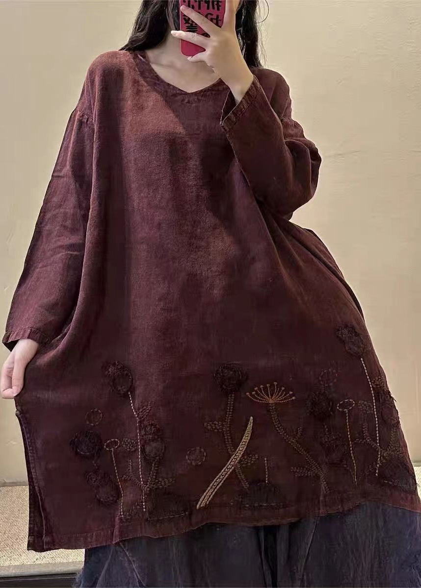 Mulberry V Neck Embroidered Patchwork Linen Mid Dresses Fall