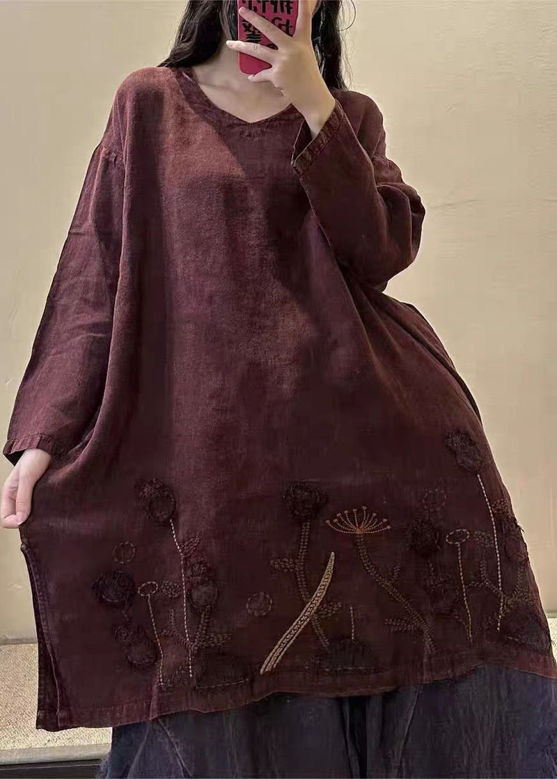 Black Flower V Neck Embroidered Patchwork Linen Mid Dresses Fall