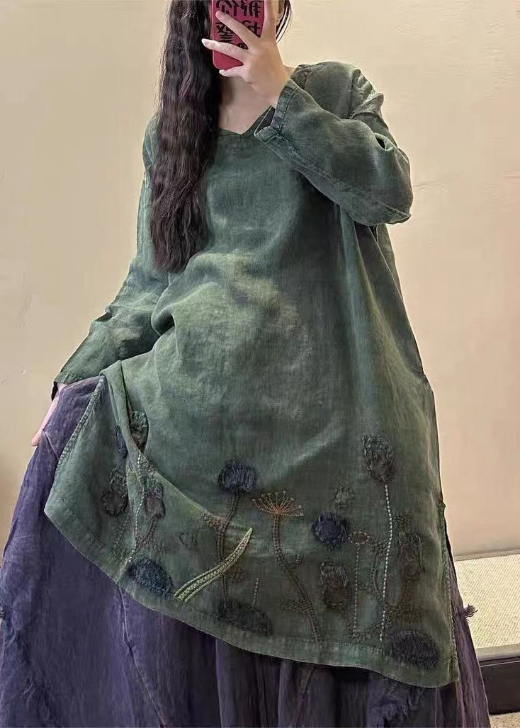 Mulberry V Neck Embroidered Patchwork Linen Mid Dresses Fall