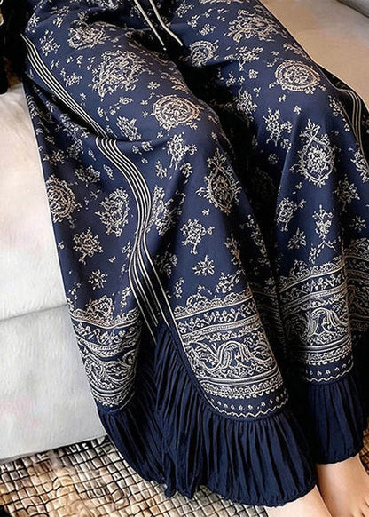 Navy Blue Asymmetrical Print Wrinkled Straight Pants
