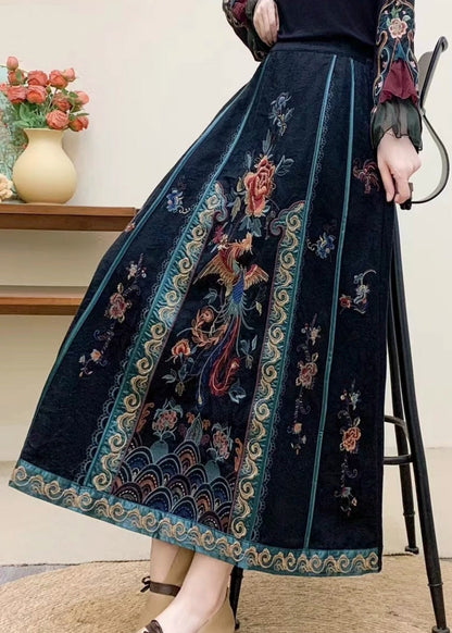Navy Embroidered High Waist Cotton Skirt Fall