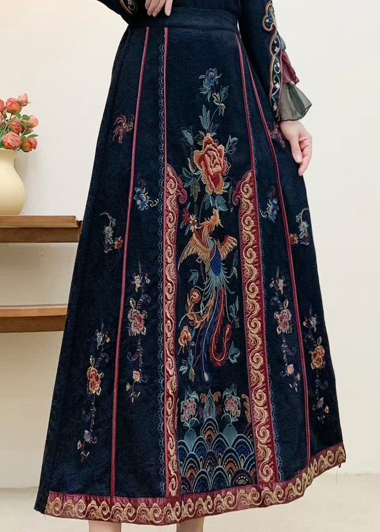 Navy Embroidered High Waist Cotton Skirt Fall