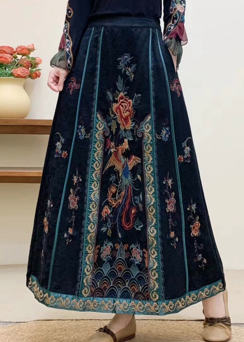 Navy Embroidered High Waist Cotton Skirt Fall