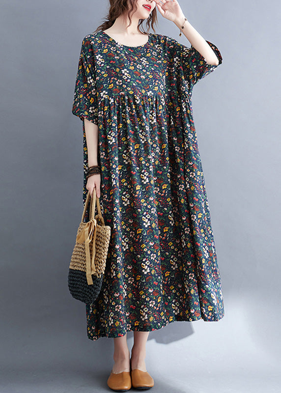 Navy O-neck Patchwork Cotton Party Maxi Dress Summer