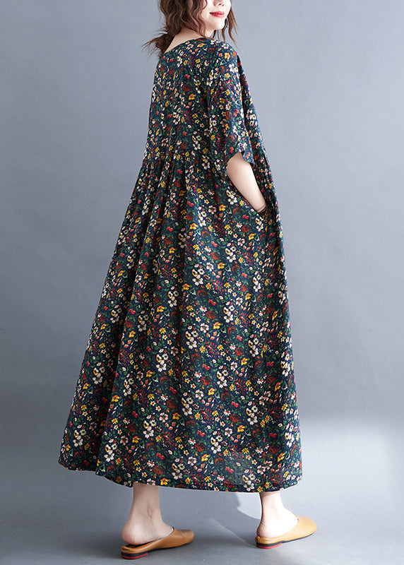 Navy O-neck Patchwork Cotton Party Maxi Dress Summer