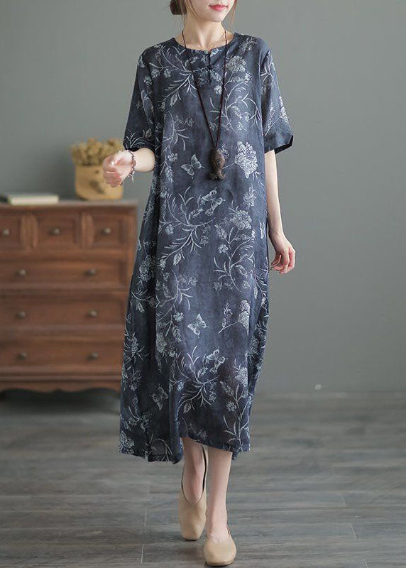 Navy O Neck Print Pockets Patchwork Linen Long Dresses Summer