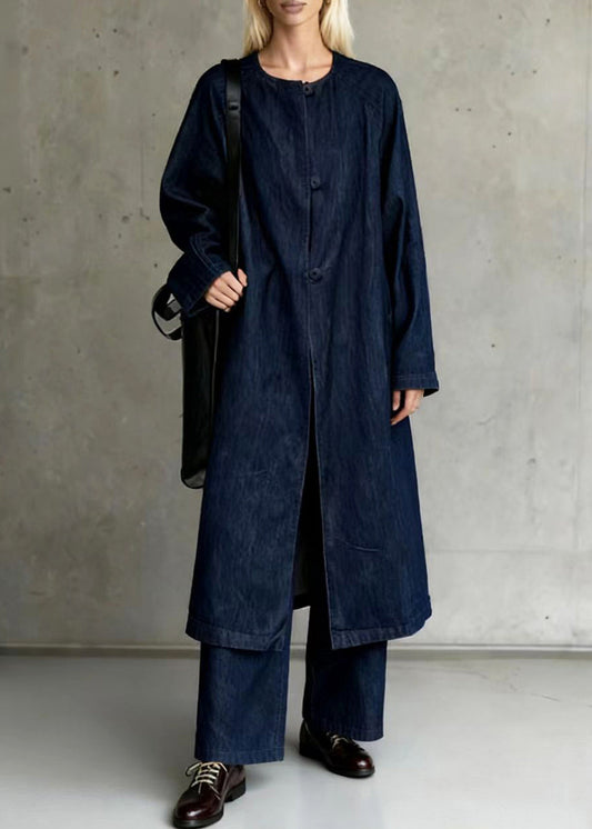 Navy Oversized Side Open Denim Two Piece Suit Set Spring